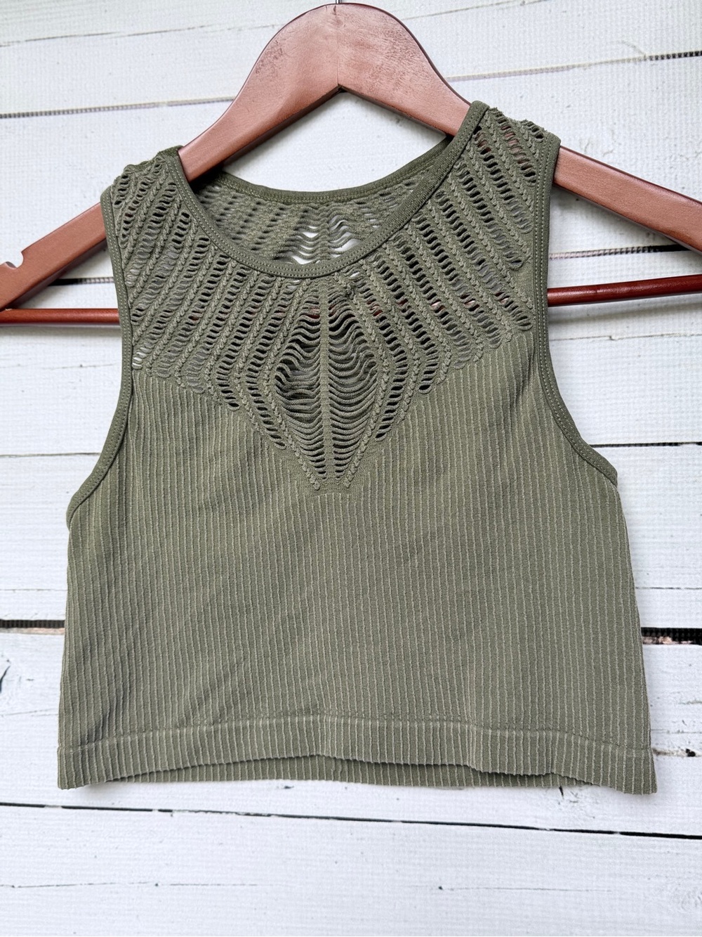 Sleeveless Olive Crochet Yoke Ribbed Crop Top